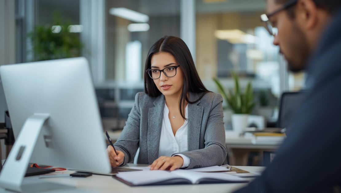 La foto de una jefa de sucursal trabajando tal vez sentada en escritorio, sin texo